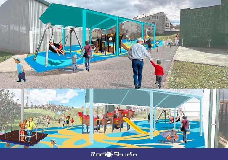 Dos imágenes del futuro parque infantil cubierto en Cóbreces, con temática marinera.