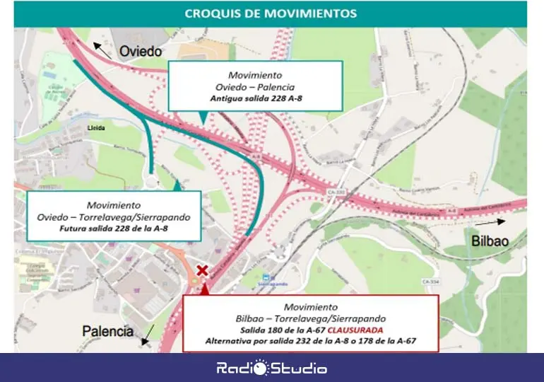 Mapa con el detalle de los cortes de tráfico de esta noche en el rama Barreda-Sierrapando de la A-67.