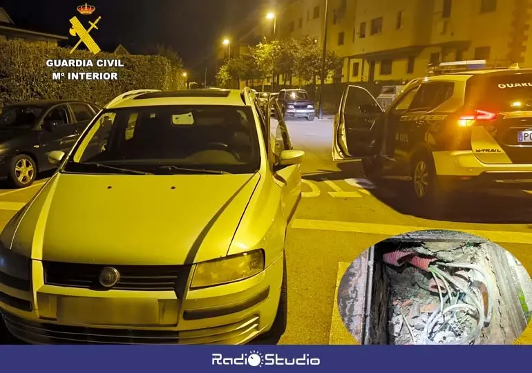 El veh&iacute;culo interceptado por la patrulla en la intervenci&oacute;n de Cartes, con detalle de una arqueta con cables cortados |  Foto: Guardia Civil