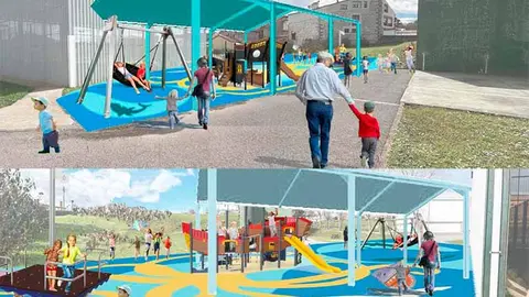Dos im&aacute;genes del futuro parque infantil cubierto en C&oacute;breces, con tem&aacute;tica marinera.