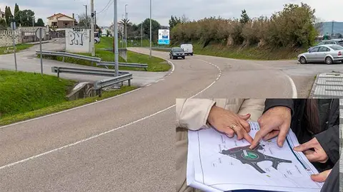 Zona en la que construir&aacute; la glorieta, en la CA-330, y mapa de detalle con la actuaci&oacute;n.