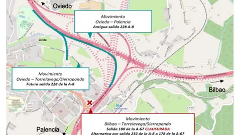 Mapa con el detalle de los cortes de tr&aacute;fico de esta noche en el rama Barreda-Sierrapando de la A-67.
