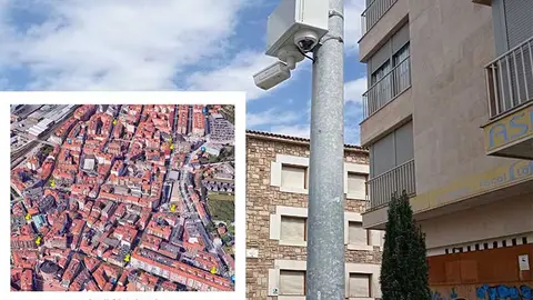 C&aacute;maras ya instaladas en el acceso a las calles peatonales de la 'zona de vinos' y detalle con los puntos donde se instalar&aacute;n las 9 c&aacute;maras.