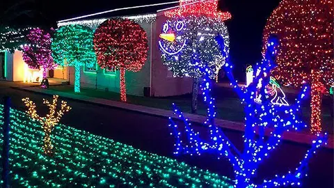 Vista general del montaje decorativo que cada Navidad instala un vecino de Parbay&oacute;n en el jard&iacute;n de su casa.