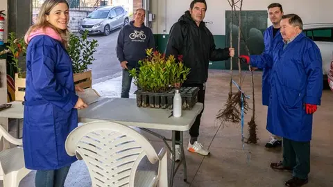 Los concejales Mar&iacute;a Jos&eacute; &Aacute;lvarez, Fernando Sa&ntilde;udo y David Esteban entregan los &aacute;rboles a los vecinos deficitarios | Foto: Ayuntamiento