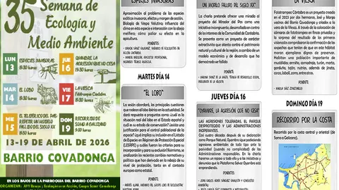 Cartel y contenido de cada una de las charlas de esta XXXV Semana de Ecolog&iacute;a del barrio Covadonga.